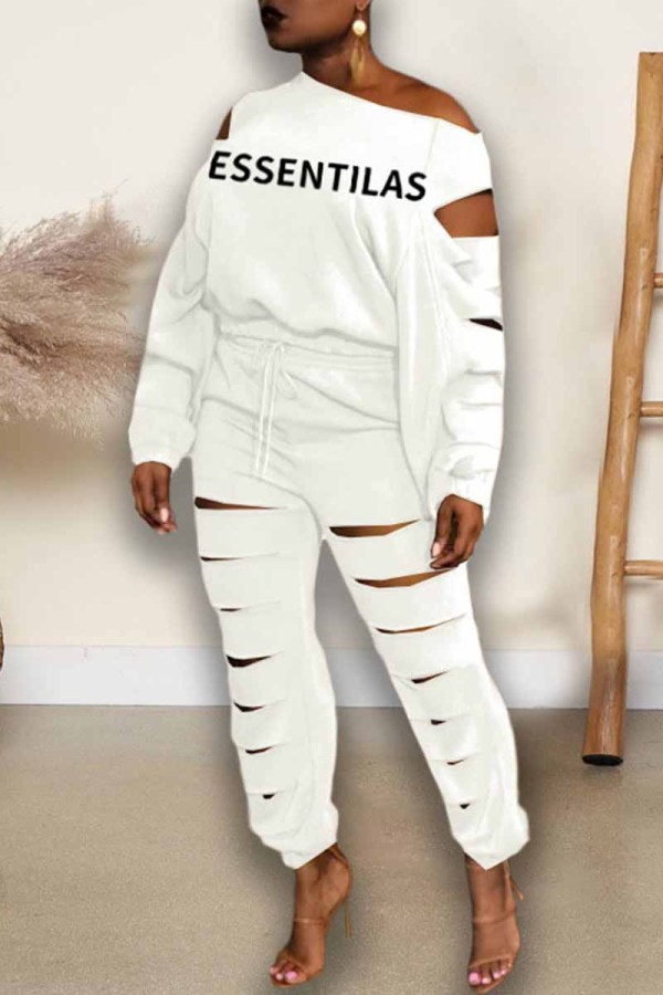 White Street Print Ripped Letter Oblique Collar Long Sleeve Two Pieces