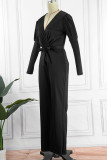 Black Casual Solid Bandage Patchwork V Neck Straight Jumpsuits