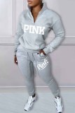 Red Casual Print Letter Zipper Collar Long Sleeve Two Pieces
