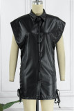Black Sexy Solid Bandage Patchwork Buckle Turndown Collar Straight Dresses