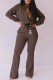 Coffee Casual Print Letter Zipper Collar Long Sleeve Two Pieces