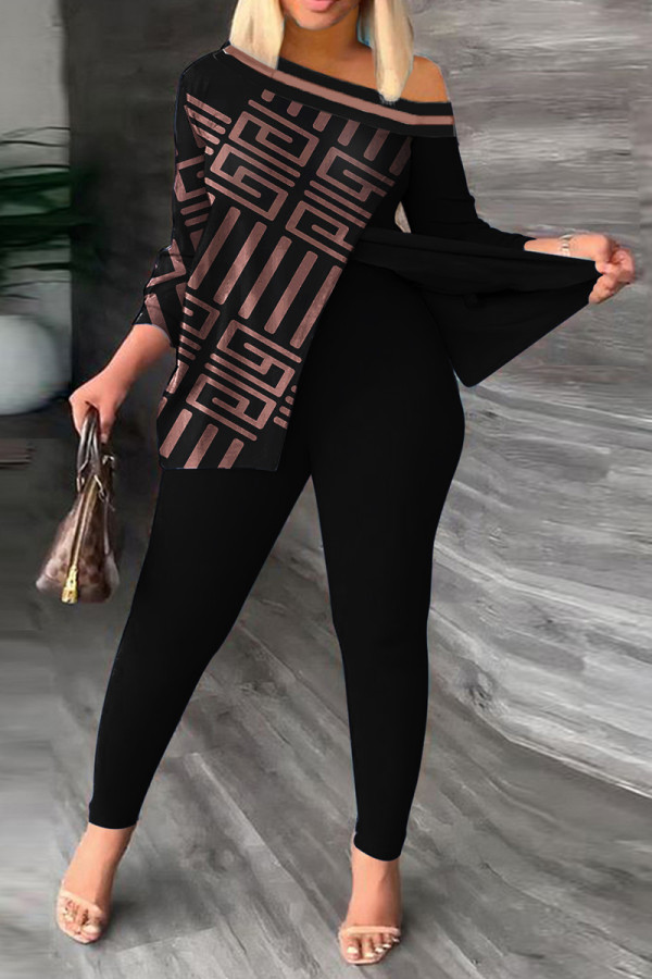 Black Sexy Daily Print Patchwork Slit Two Pieces
