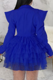 Colorful Blue Casual Street Solid Patchwork Turn-back Collar A Line Dresses