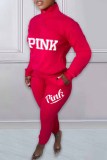 Red Casual Print Letter Zipper Collar Long Sleeve Two Pieces