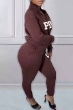 Red Casual Print Letter Zipper Collar Long Sleeve Two Pieces