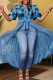 Blue Casual Print Patchwork Mesh Printing Shirt Collar High Waist Tops