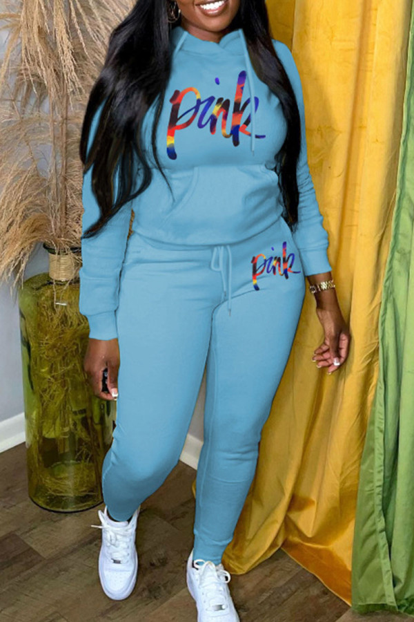 Sky Blue Casual Print Patchwork Hooded Collar Long Sleeve Two Pieces
