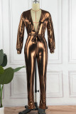 Rose Gold Sexy Solid Patchwork V Neck Skinny Jumpsuits
