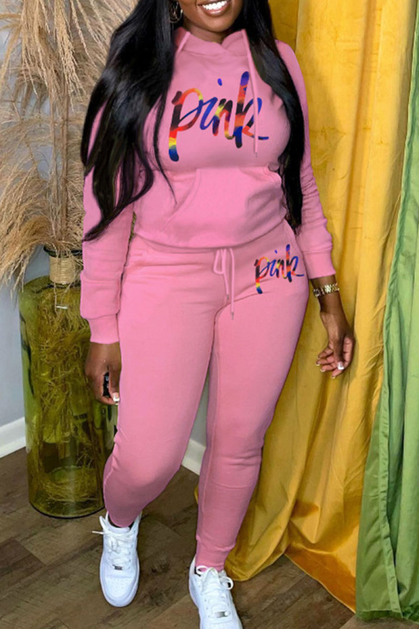 Pink Casual Print Patchwork Hooded Collar Long Sleeve Two Pieces