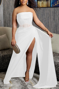 White Party Formal Patchwork Solid Slit Strapless Dresses