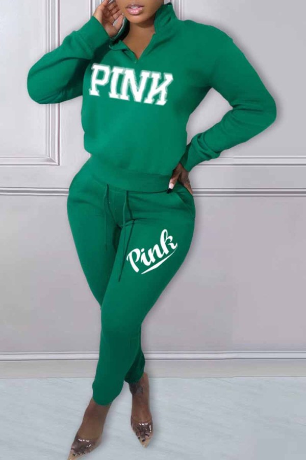 Green Casual Print Letter Zipper Collar Long Sleeve Two Pieces