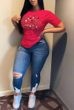 Red Street Cute Print Santa Claus Patchwork O Neck T-Shirts