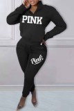 Red Casual Print Letter Zipper Collar Long Sleeve Two Pieces