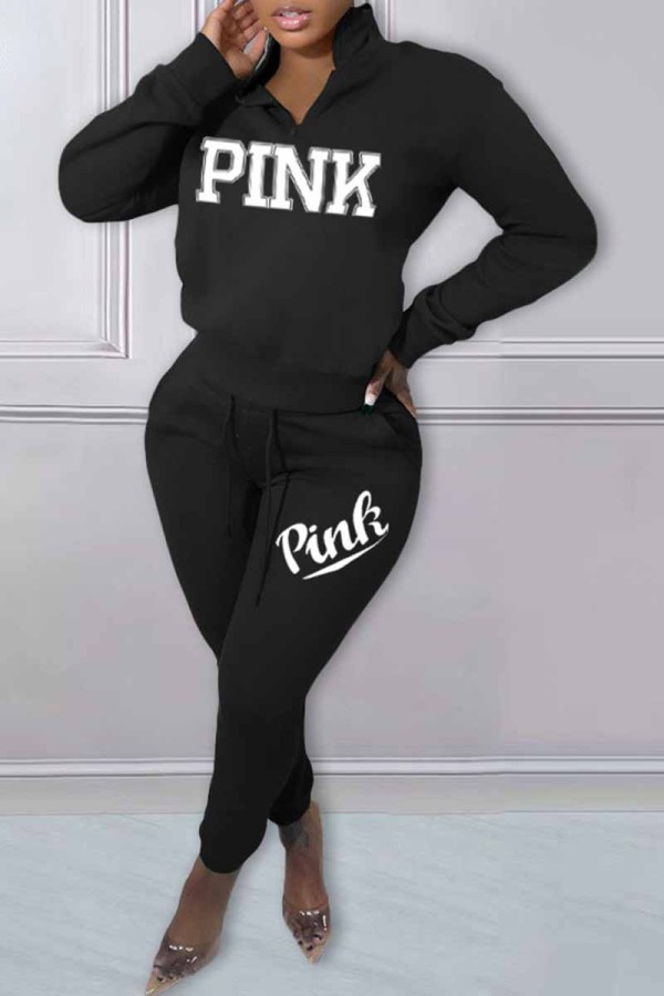 Black Casual Print Letter Zipper Collar Long Sleeve Two Pieces