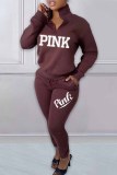 Red Casual Print Letter Zipper Collar Long Sleeve Two Pieces