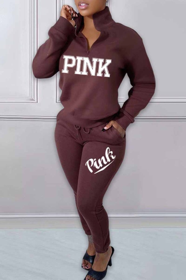 Dark Brown Casual Print Letter Zipper Collar Long Sleeve Two Pieces