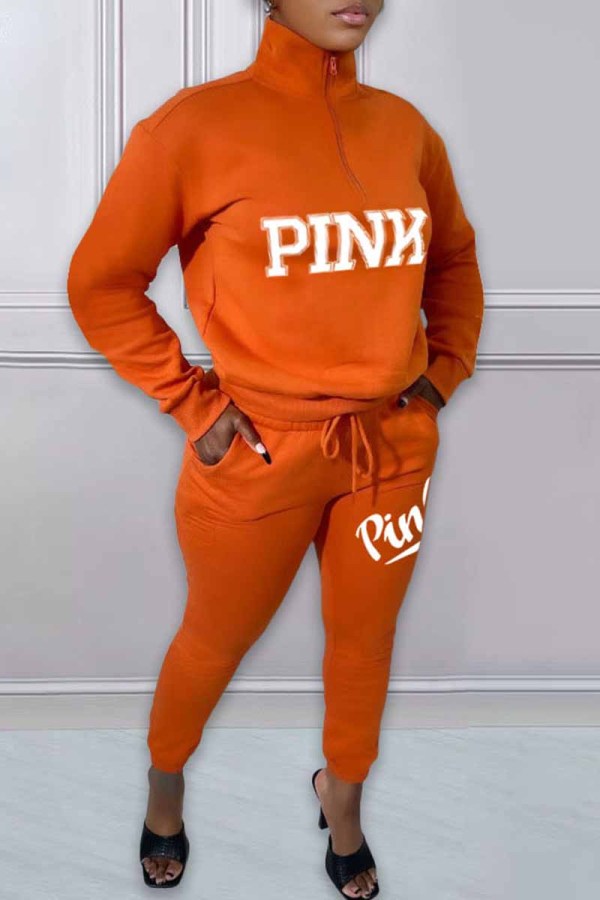 Tangerine Red Casual Print Letter Zipper Collar Long Sleeve Two Pieces