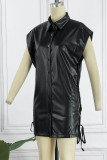 Black Sexy Solid Bandage Patchwork Buckle Turndown Collar Straight Dresses