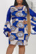Blue Casual Print Patchwork O Neck One Step Skirt Plus Size Dresses