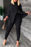 Blue Casual Daily Solid Slit Turtleneck Long Sleeve Two Pieces