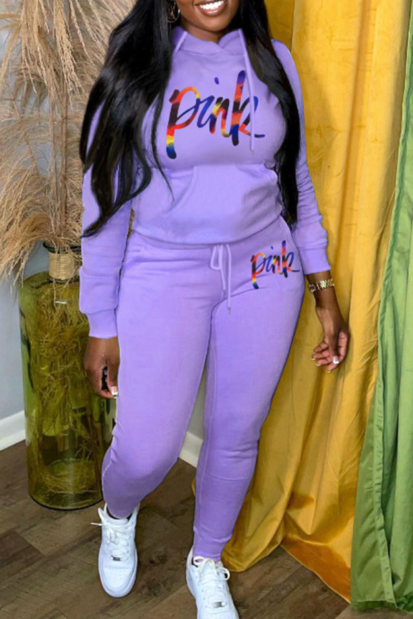 Purple Casual Print Patchwork Hooded Collar Long Sleeve Two Pieces