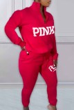 Red Casual Print Letter Zipper Collar Long Sleeve Two Pieces