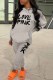 Grey Casual Print Letter Hooded Collar Long Sleeve Two Pieces