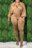 Khaki Casual Solid Zipper Turndown Collar Jumpsuits