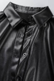 Black Sexy Solid Bandage Patchwork Buckle Turndown Collar Straight Dresses
