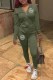Army Green Casual Print Letter Hooded Collar Long Sleeve Two Pieces