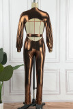 Rose Gold Sexy Solid Patchwork V Neck Skinny Jumpsuits
