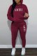 Burgundy Street Print Letter Hooded Collar Long Sleeve Two Pieces