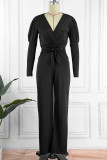 Black Casual Solid Bandage Patchwork V Neck Straight Jumpsuits