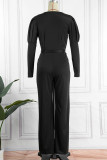 Black Casual Solid Bandage Patchwork V Neck Straight Jumpsuits