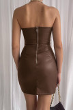 Brown Sexy Solid Patchwork Asymmetrical Strapless One Step Skirt Dresses