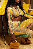 Yellow Casual Print Patchwork Turndown Collar Long Sleeve Two Pieces