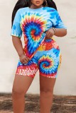 Blue Purple Casual Print Tie-dye O Neck Short Sleeve Two Pieces