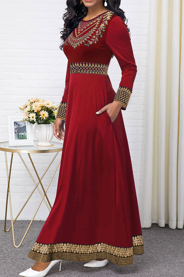 Red Casual College Print Patchwork O Neck A Line Dresses