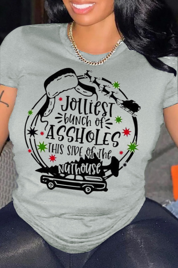 Grey Party Simplicity Print Patchwork Letter O Neck T-Shirts
