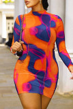 Orange Sexy Print Patchwork See-through Half A Turtleneck Pencil Skirt Dresses