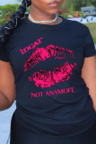 Black Casual Daily Lips Printed Patchwork Letter O Neck T-Shirts