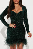 Dark Green Sexy Solid Sequins Patchwork Feathers Square Collar Pencil Skirt Dresses