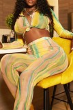 Yellow Casual Print Patchwork Turndown Collar Long Sleeve Two Pieces