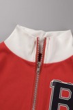 Red Casual Letter Print Patchwork Zipper Collar Long Sleeve Two Pieces