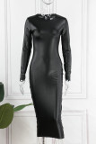 Brownness Casual Solid Basic O Neck Long Sleeve Dresses