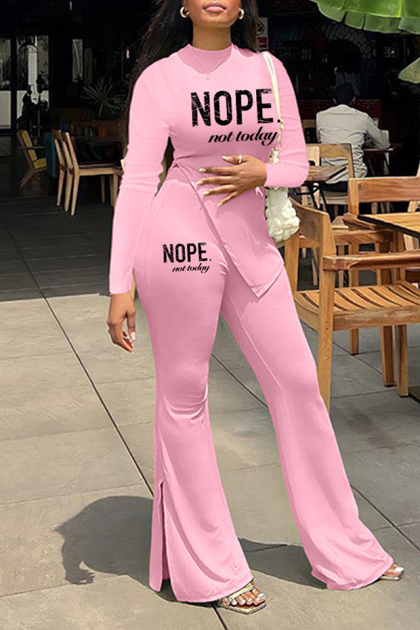 Pink Casual Print Patchwork Slit O Neck Long Sleeve Two Pieces
