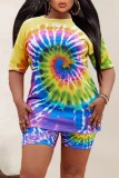 Baby Blue Casual Print Tie-dye O Neck Short Sleeve Two Pieces