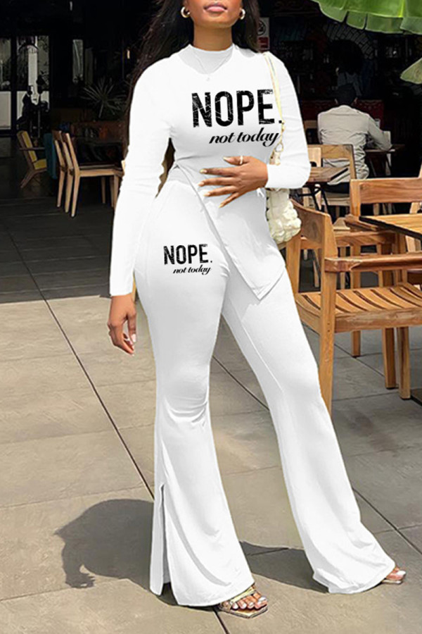 White Casual Print Patchwork Slit O Neck Long Sleeve Two Pieces