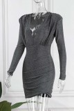 Grey Sexy Solid Patchwork V Neck Long Sleeve Dresses