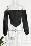 Green Elegant Solid Patchwork Asymmetrical Off the Shoulder Tops